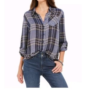 Style & Co Petite Sequined Plaid Shirt Blue